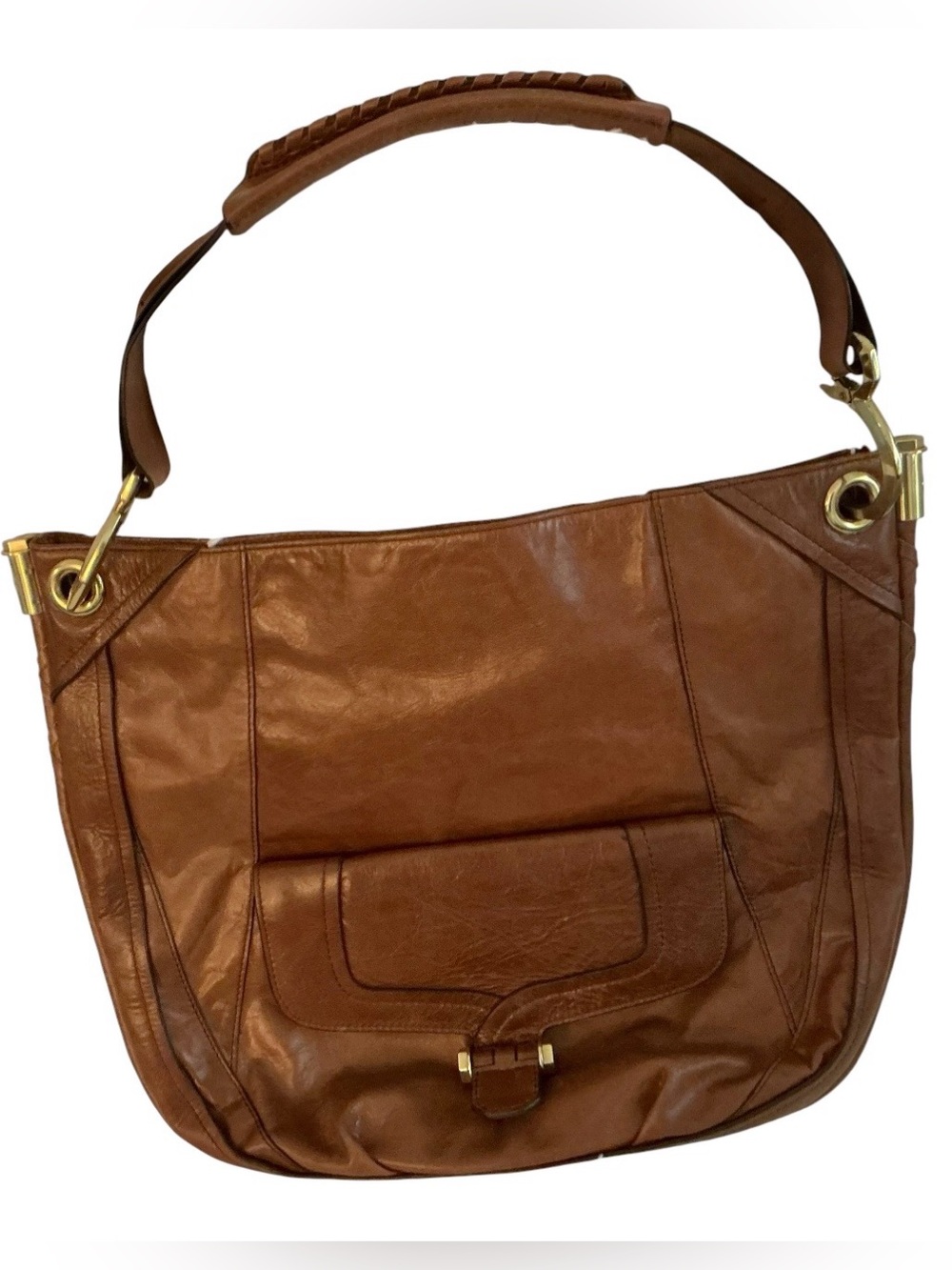orYANY Brown Leather Large Shoulder Bag Gold Hardware Whipstitch Boho